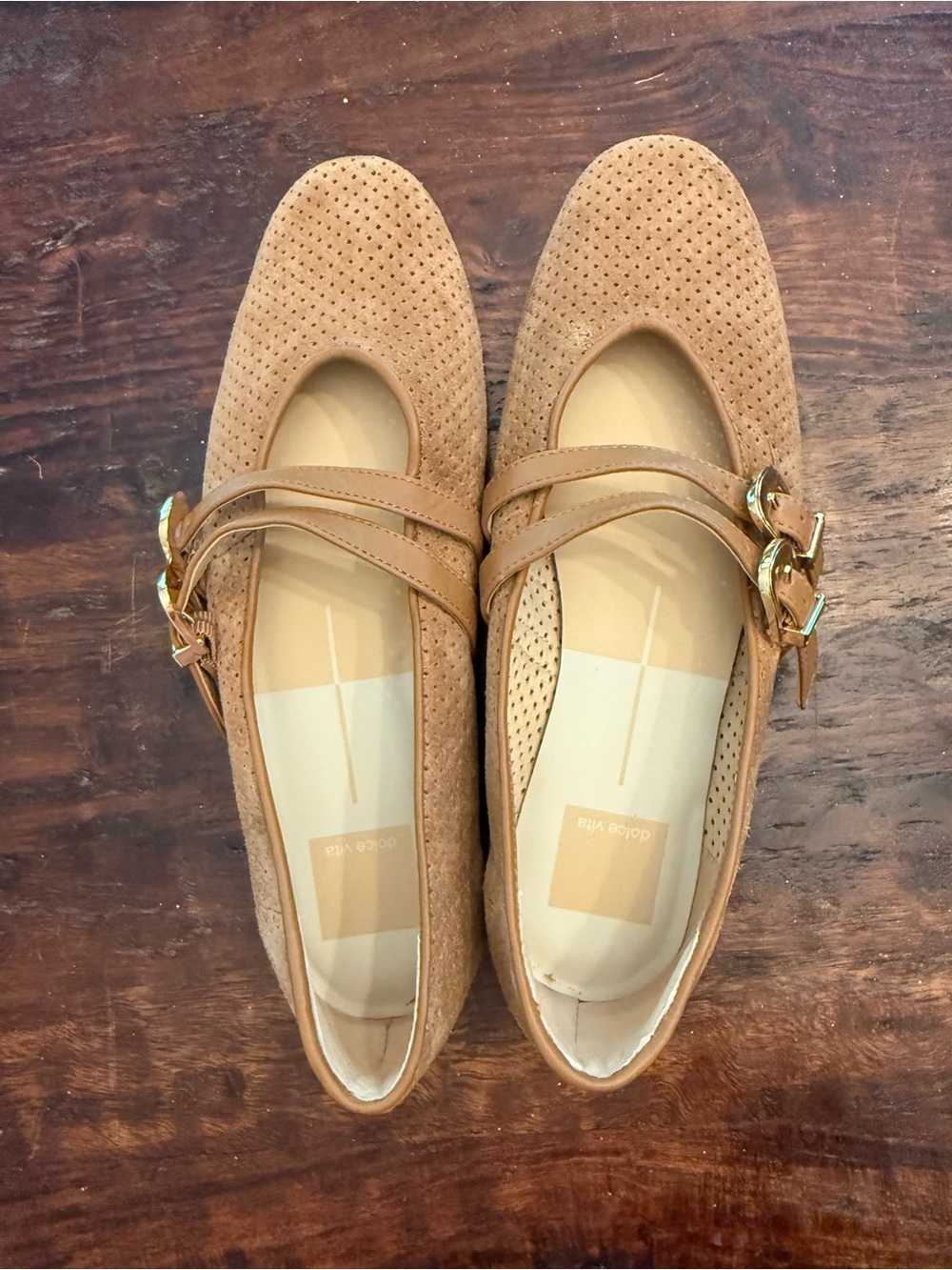 Perforated Tan Mary Jane Flats